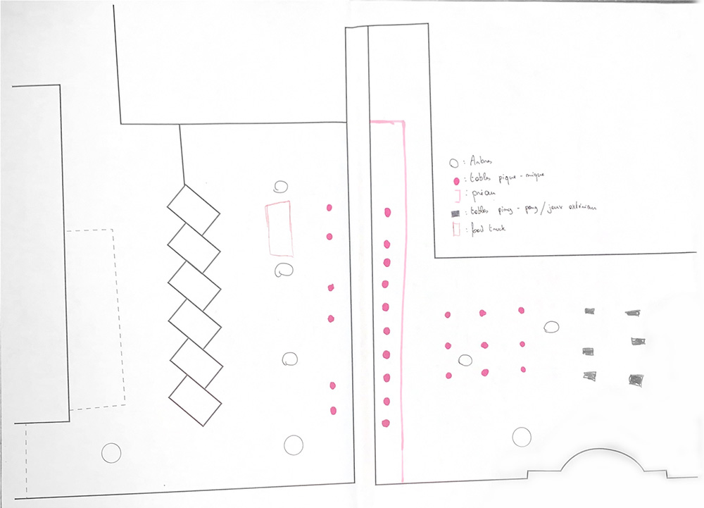 un croquis de la cours vue de haut fait par sylvain