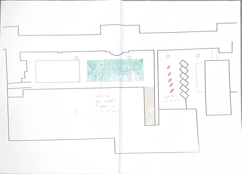 un croquis de la cours vue de haut fait par sylvain